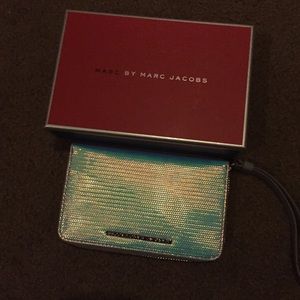 Silver holographic Marc Jacobs clutch