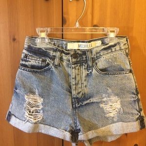 High waisted, distressed, acid wash shorts