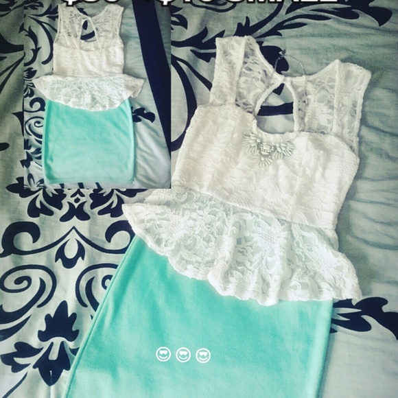 Mint white lace peplum dress