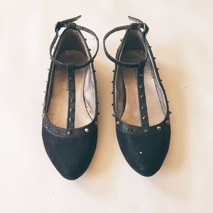 Black T-Strap Studded Flats