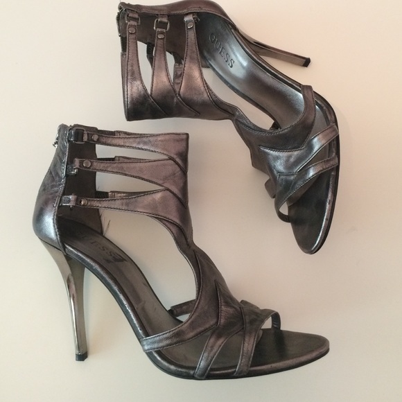 Guess Grey leather strappy heels.