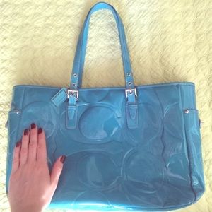 Large Bright Blue Patent Leather Coach Tote