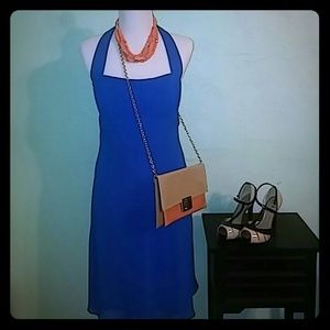 Blue chiffon knee length flowy party halter dress