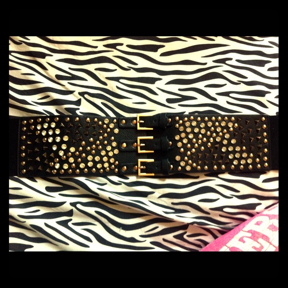 Black leather studded rhinestone waist belt