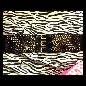 Black leather studded rhinestone waist belt