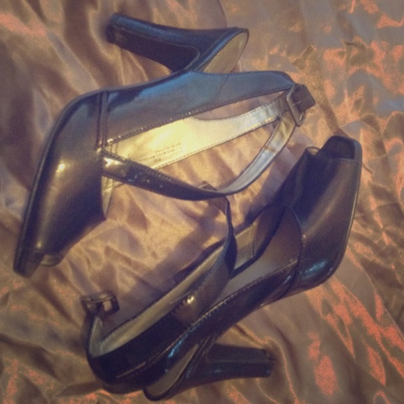 Brown open toe strap heel pumps