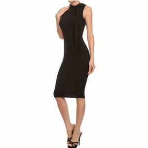 Little black bodycon dress with neck tie detail.