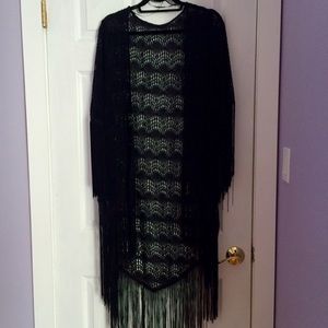 Unique Long Black Kimono with Fringe