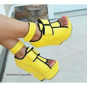 Yellow open toe wedge shoe