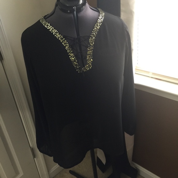Sheer Black top with gold trim. Size 2X