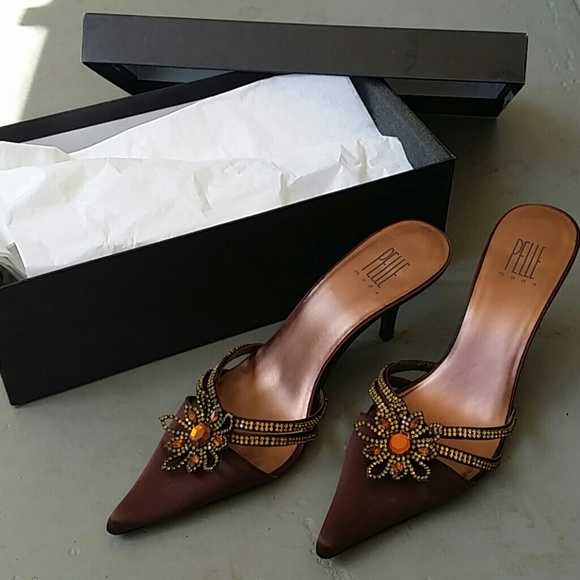 Brown satin heels with crystals
