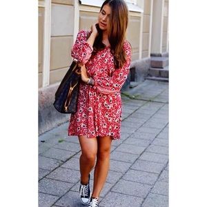 Zara Red Combined Printed Boho Dress