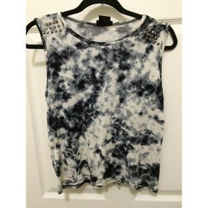 Blue, black and white top with studded shoulders