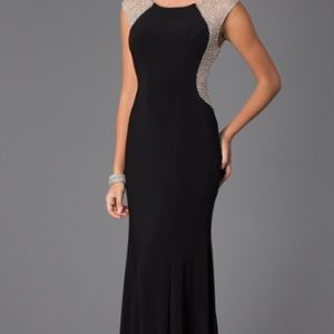 Long evening navy blue and mesh dress