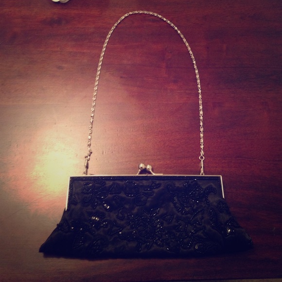 Little black beaded clutch with silver hardware