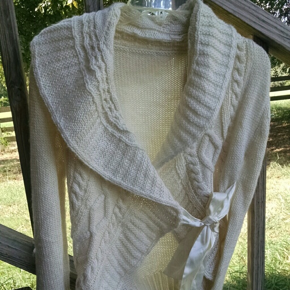 Cream Wrap Knit Sweater with Satin Bow