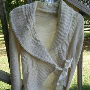Cream Wrap Knit Sweater with Satin Bow