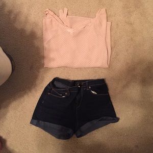 Sheer pink/brown polka dot quarter length shirt