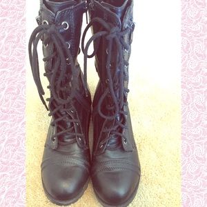 Black faux leather combat boots