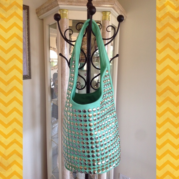 NWT CLEOPATRA SEA-FOAM GREEN LEATHER HOBO/W STUDS - Picture 1 of 4