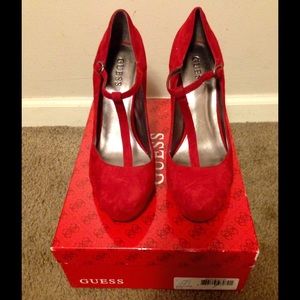 Guess Red Suede T-Strap Pumps