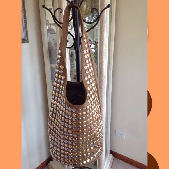 MMS TAN LEATHER HOBO HANDBAG/W ASSORTED STUDDING