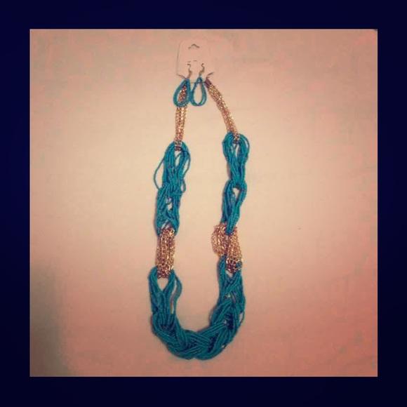 Teal and Gold necklace and earrings