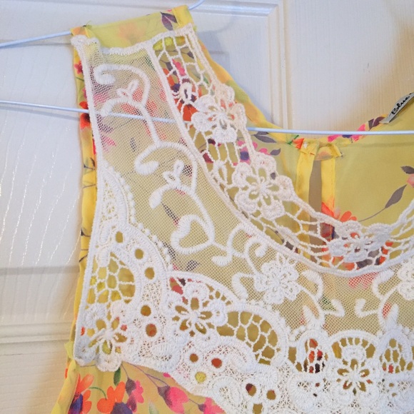 Bright Yellow Spring Sheer Blouse with Lace - Picture 3 of 4