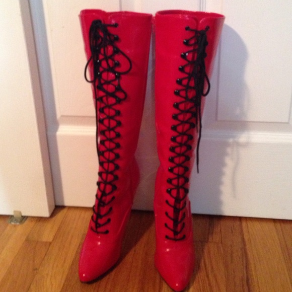 red patent lace up boots