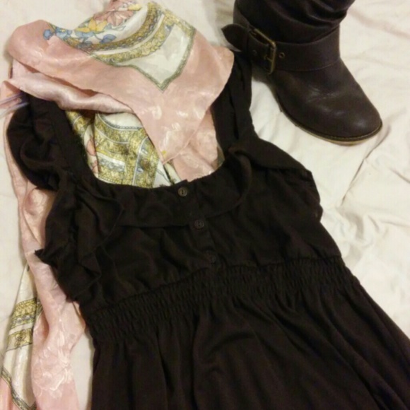 Brown ruffle straps cotton dress