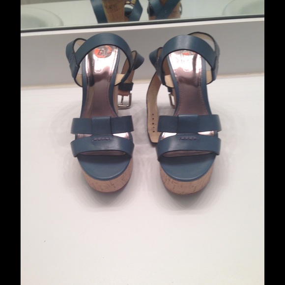 Coach Ankle Strap Wedge Sandals 5.5 Blue Leather
