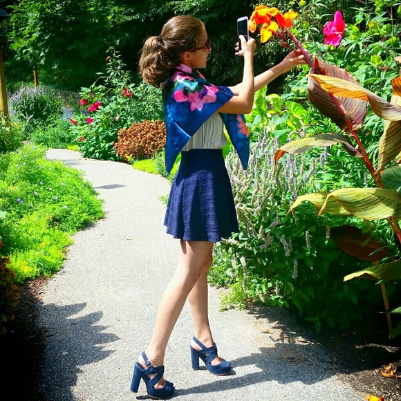 Silk Scarf - Flirty Cyan flowers