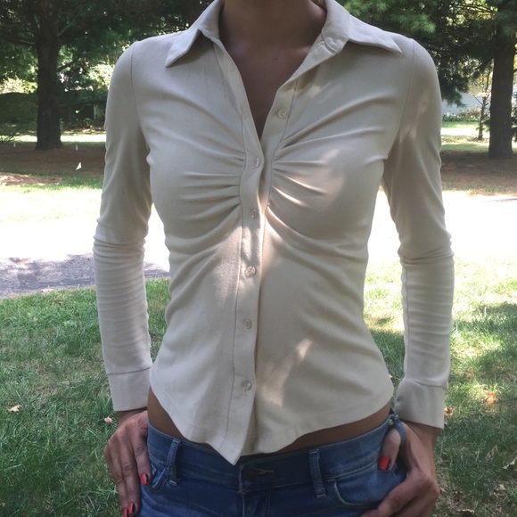 Delia's tan fitted button down shirt small