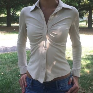 Delia's tan fitted button down shirt small