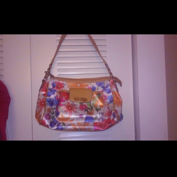 Fun, floral and spacious flower print/tan purse