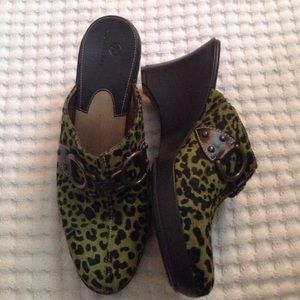 Cole Haan Leopard Cow Hair Clogs