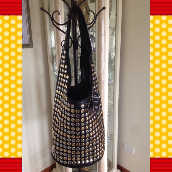 NWT MMS BLACK LEATHER HOBO HANDBAG/W ASSORTED STUD