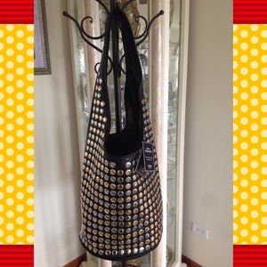 NWT MMS BLACK LEATHER HOBO HANDBAG/W ASSORTED STUD