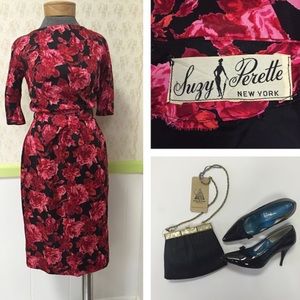 VTG Suzy Perette Silk Floral Rose Wiggle Dress