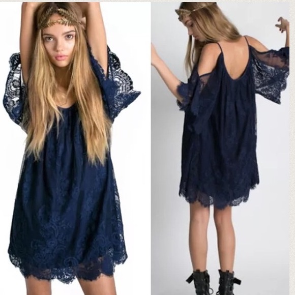 Free People Dresses & Skirts - NWT Deep Blue Lace Cold Shoulder Boho Dress Sz XL
