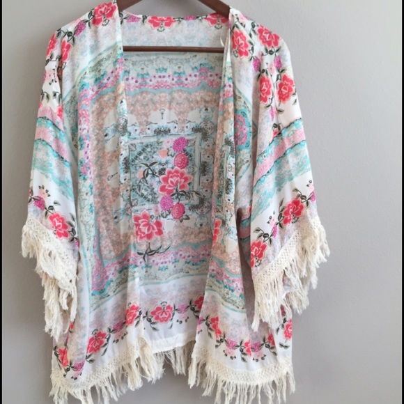Kimono style floral shrug with fringe