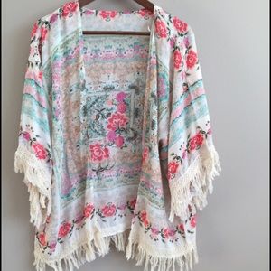 Kimono style floral shrug with fringe