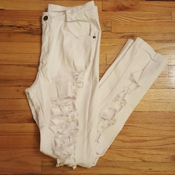 White Mid Waist Cutting Skinny Pants - Picture 2 of 2