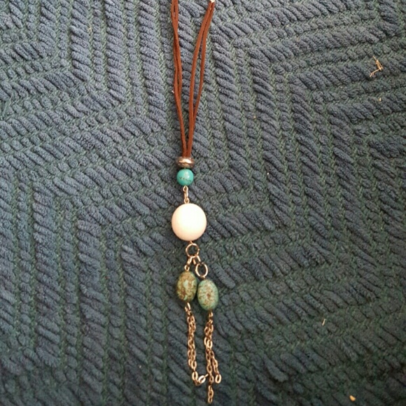 Leather, silver, and stones long necklace