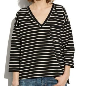 Striped V-neck Ponte Top w/ Zipper Detail