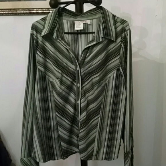 Green striped business blouse button up
