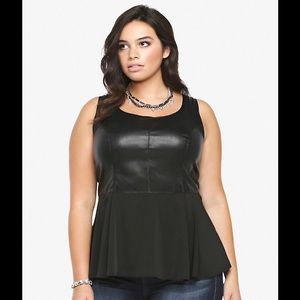 Satin and Faux Leather Peplum Top