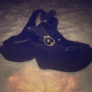 Black Suede Like Open Toe Wedges