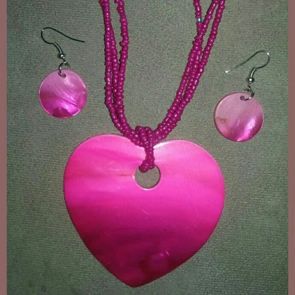 Mother Of Pearl Pink Necklace & Earring Set