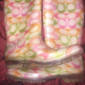 Pink and green Coach Rain boots